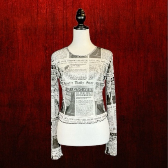 Dolls Kill dELiA*s Breaking News Newspaper Print Mesh Long Sleeve Top - Picture 1 of 8